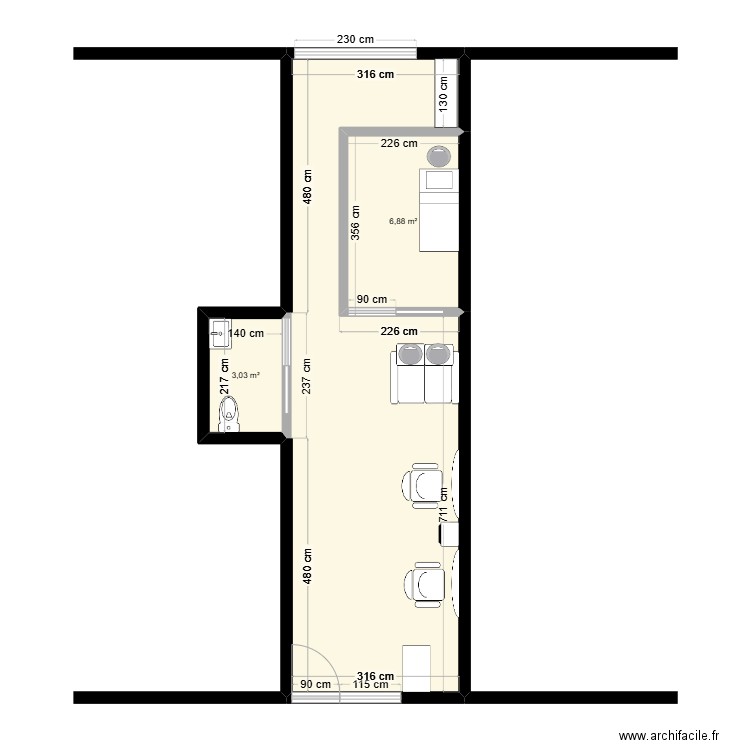 salon de coiffure DOMINICI - aménagé. Plan de 3 pièces et 40 m2