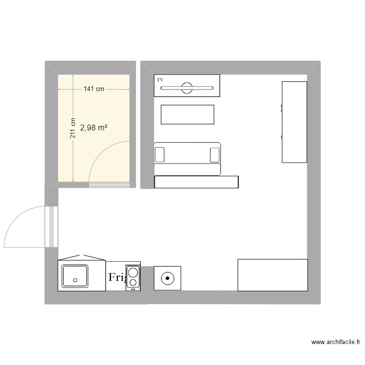 Flaubert Plan 1 . Plan de 1 pièce et 3 m2