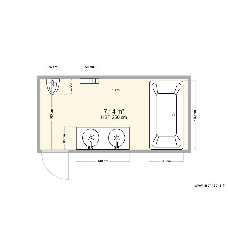 sale de bain. Plan de 1 pièce et 7 m2