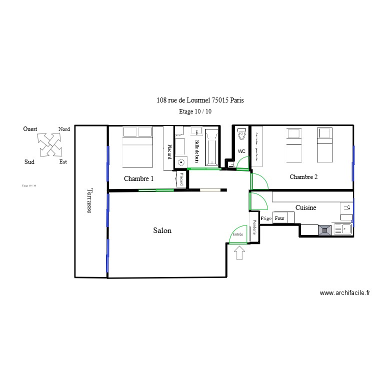 LOURMEL. Plan de 2 pièces et 10 m2