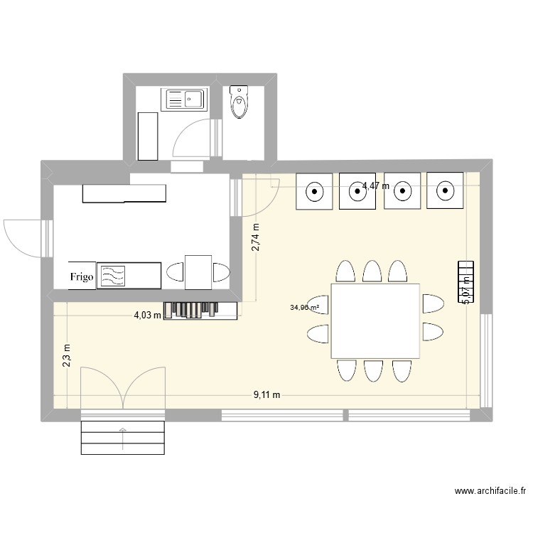 Lavoir. Plan de 1 pièce et 35 m2