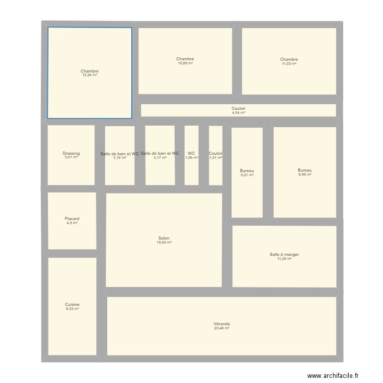 Plan 1. Plan de 16 pièces et 136 m2