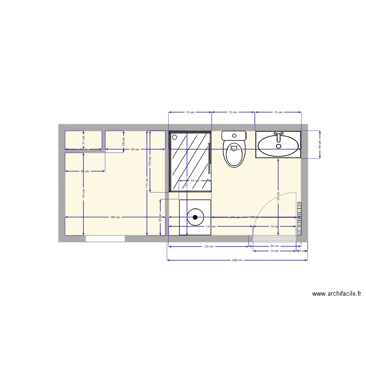 Cuisine/sdb 4. Plan de 3 pièces et 6 m2