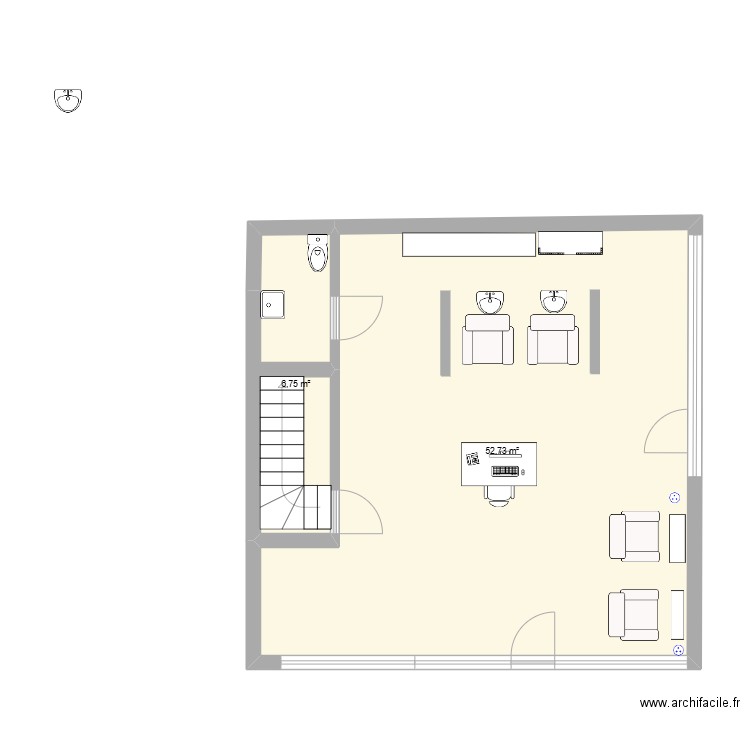 coiffure. Plan de 2 pièces et 59 m2