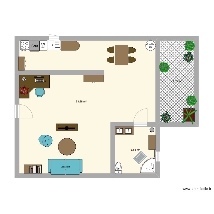 Studio. Plan de 3 pièces et 70 m2