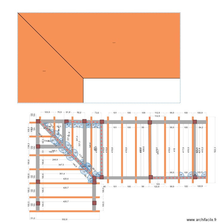 terrasse chevrons. Plan de 18 pièces et 52 m2