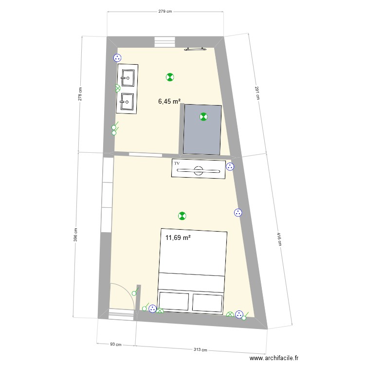 Chambre Parentale 2. Plan de 2 pièces et 18 m2