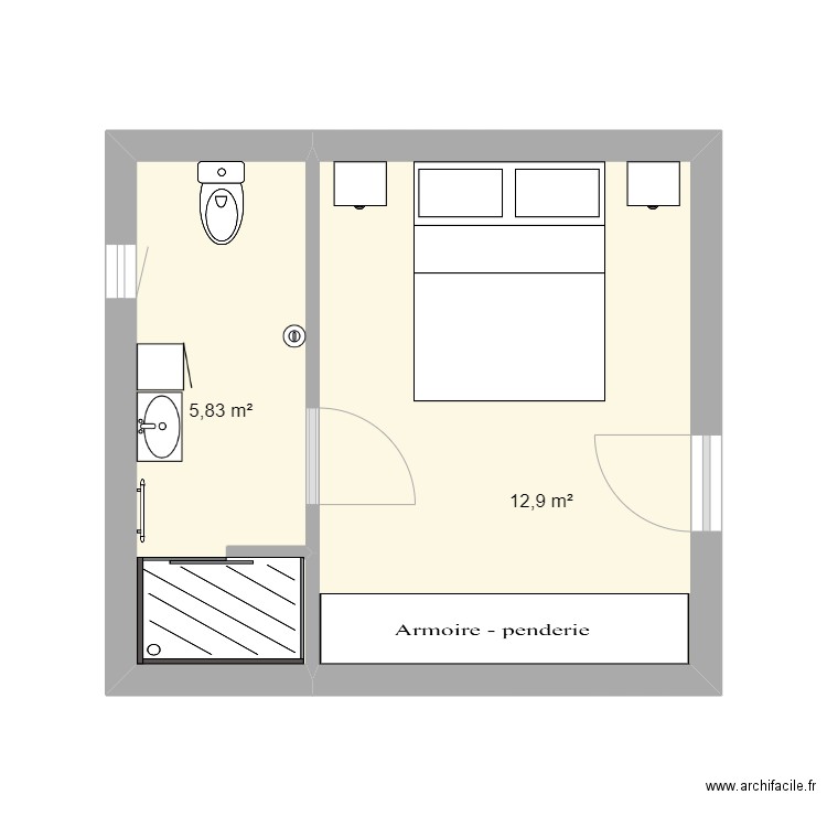 Chambre Marco. Plan de 2 pièces et 19 m2