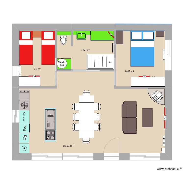 new 60m2. Plan de 4 pièces et 60 m2