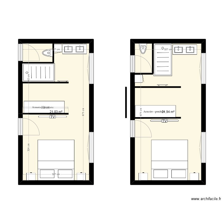 CHAMBRE PARENTALE BIS. Plan de 2 pièces et 44 m2