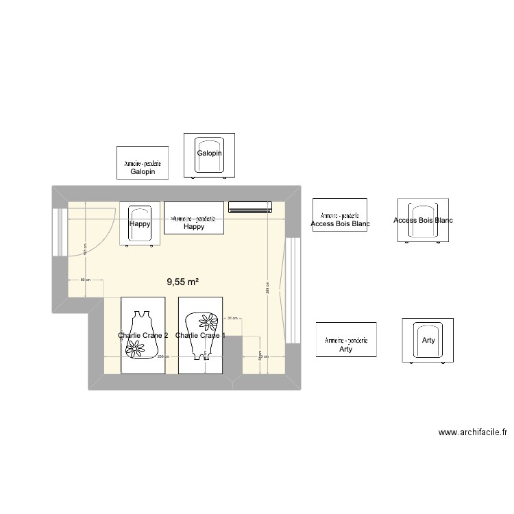 Chambre bébé. Plan de 1 pièce et 10 m2