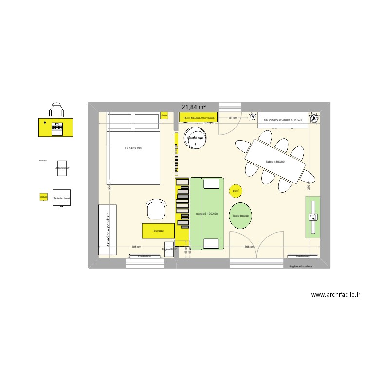 SALON ALCOVE AV ASSAS. Plan de 1 pièce et 22 m2