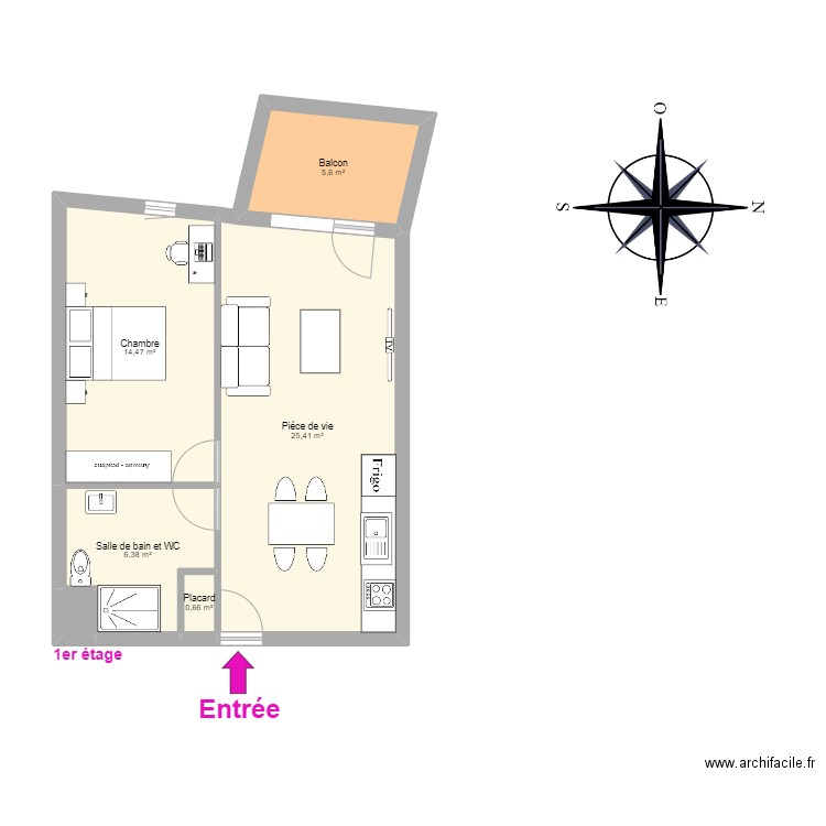 EIFFAGE F2 BALCON. Plan de 6 pièces et 53 m2