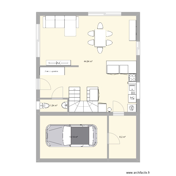 Pièce RDC. Plan de 4 pièces et 68 m2