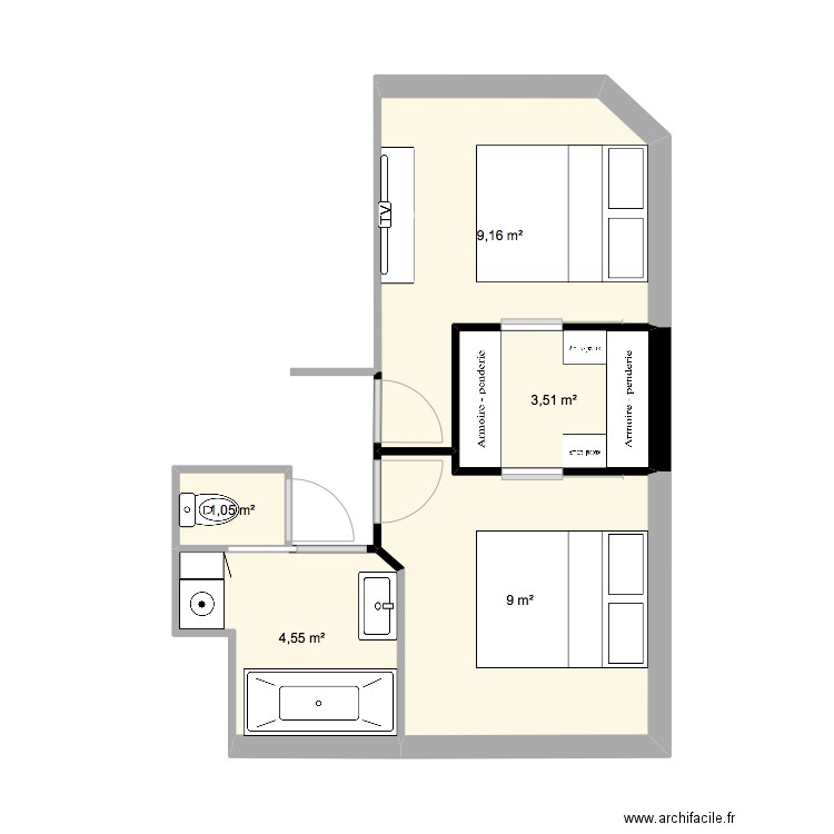 chambre penderie . Plan de 5 pièces et 27 m2