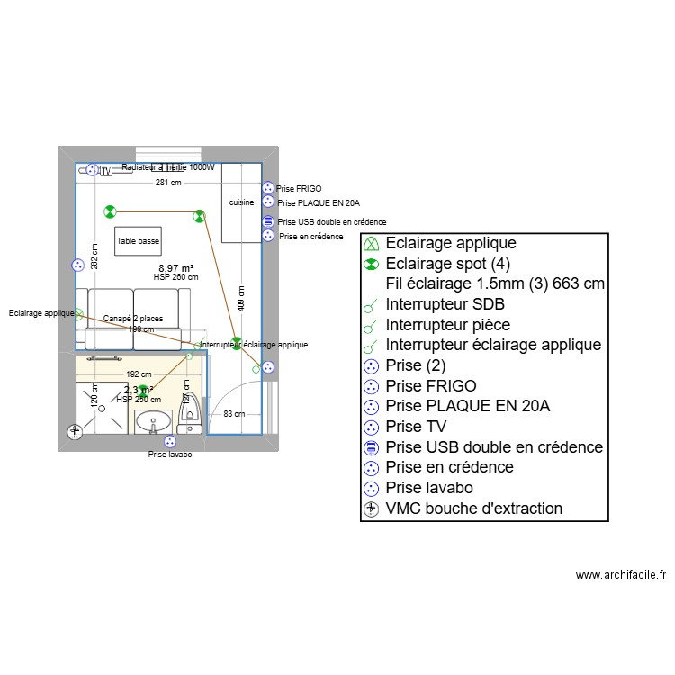 PONTEREAU LOC 3 PLAN ELEC. Plan de 2 pièces et 11 m2