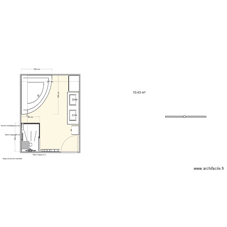 Douche pio. Plan de 1 pièce et 10 m2