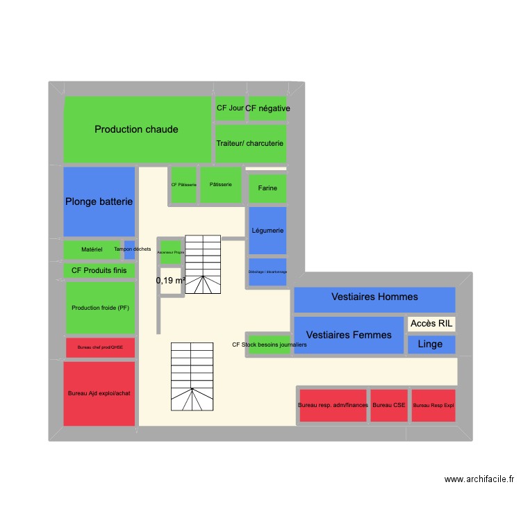 Zone Production et Bureau. Plan de 29 pièces et 36 m2