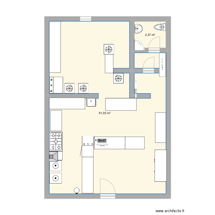 FoodAddict. Plan de 2 pièces et 53 m2