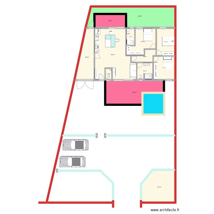 plain pied roses. Plan de 13 pièces et 195 m2