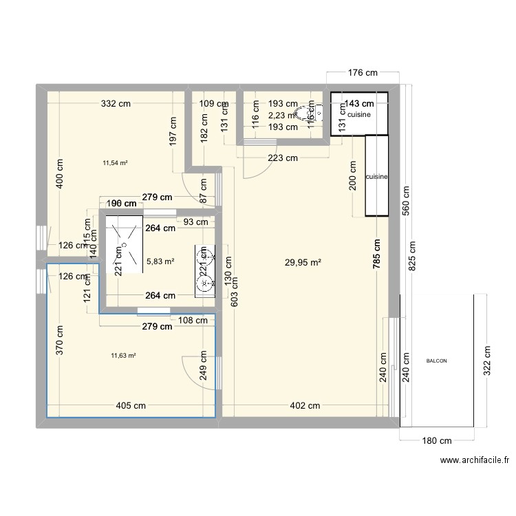 R+1. Plan de 5 pièces et 61 m2