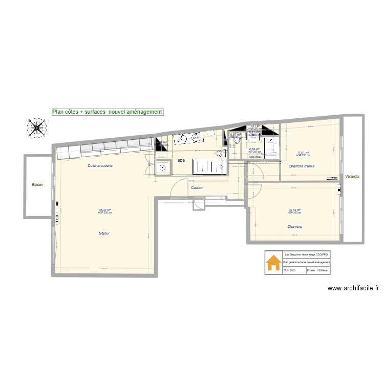 Plan général surfaces nouvel agencement . Plan de 8 pièces et 76 m2