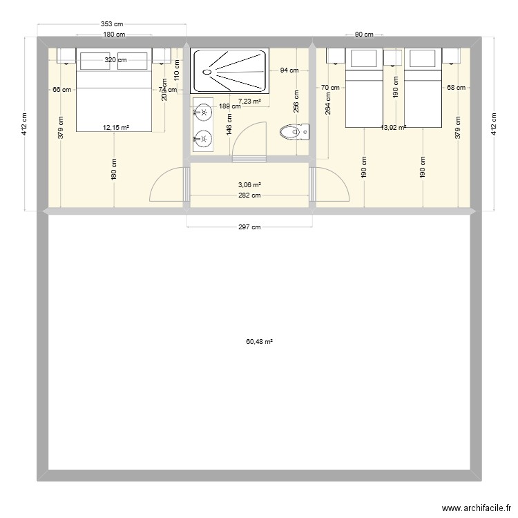 Appartement 10 x 10 1sdb. Plan de 5 pièces et 97 m2