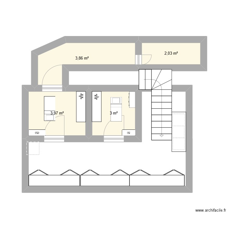  l'etage du bas . Plan de 4 pièces et 13 m2