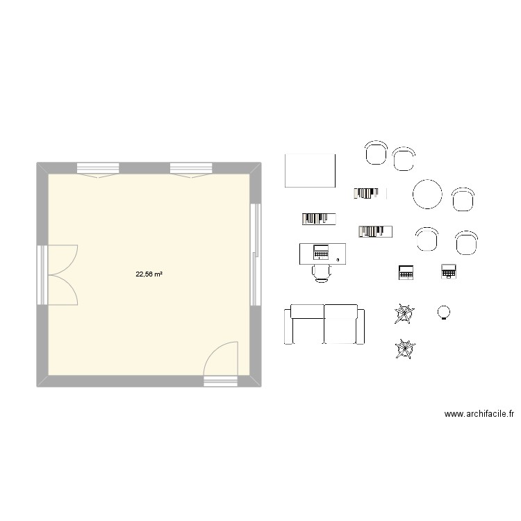 22m2. Plan de 1 pièce et 23 m2