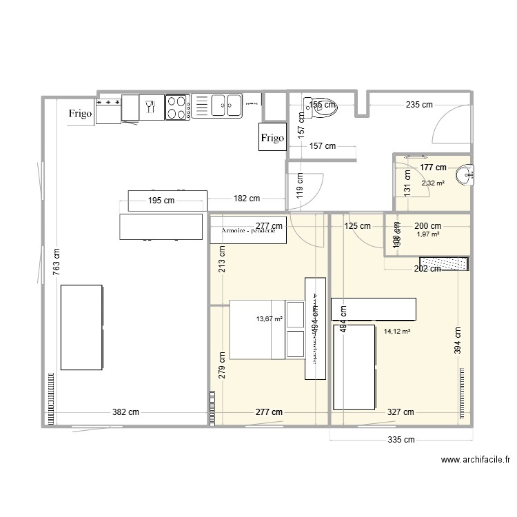 Entré . Plan de 6 pièces et 46 m2