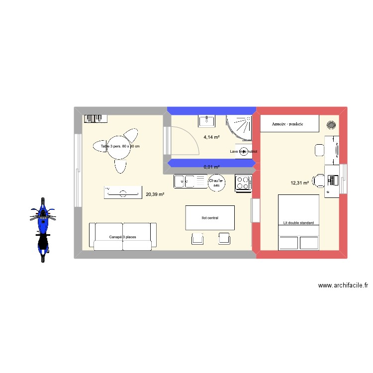 studio. Plan de 4 pièces et 37 m2