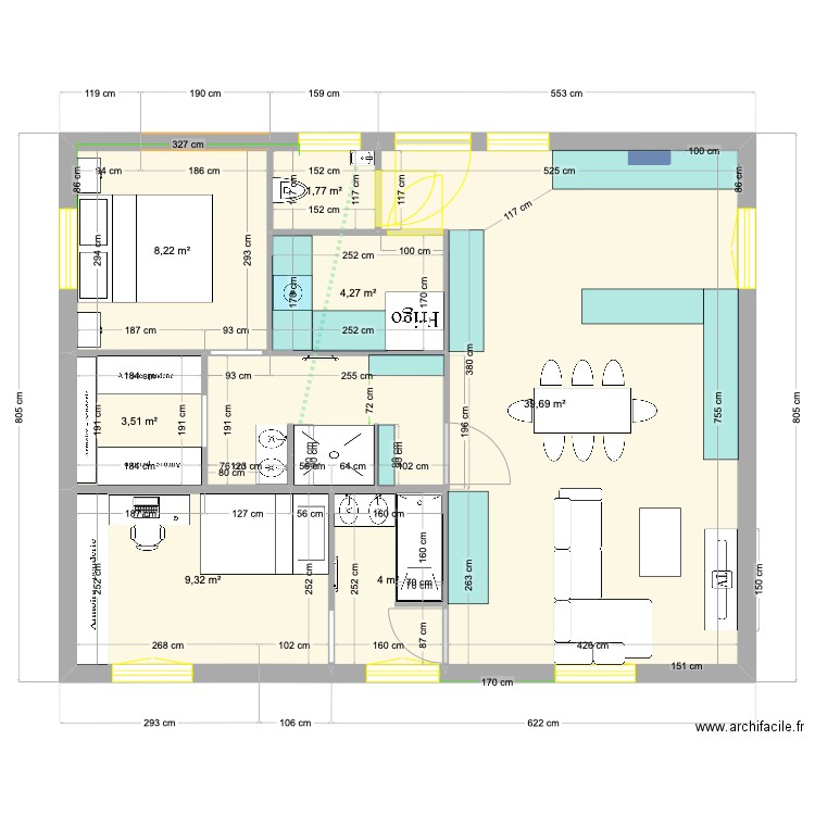 Bellet 5. Plan de 7 pièces et 71 m2