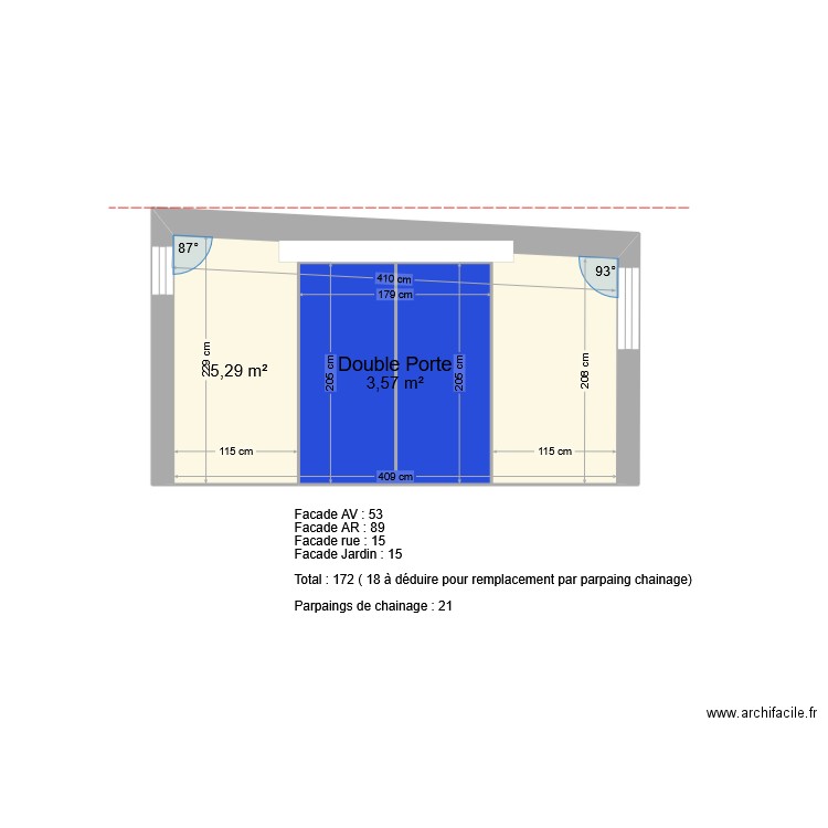 Facade atelier. Plan de 2 pièces et 9 m2