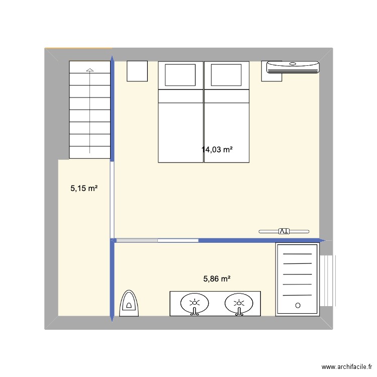 Chambre 5. Plan de 3 pièces et 25 m2