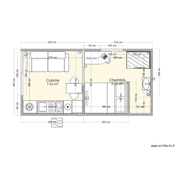 Plan intérieur bungalow 20m² environ. Plan de 2 pièces et 16 m2