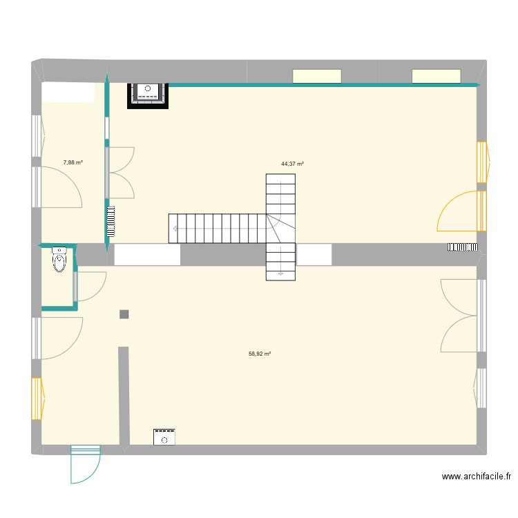 rez de chaussée. Plan de 2 pièces et 113 m2