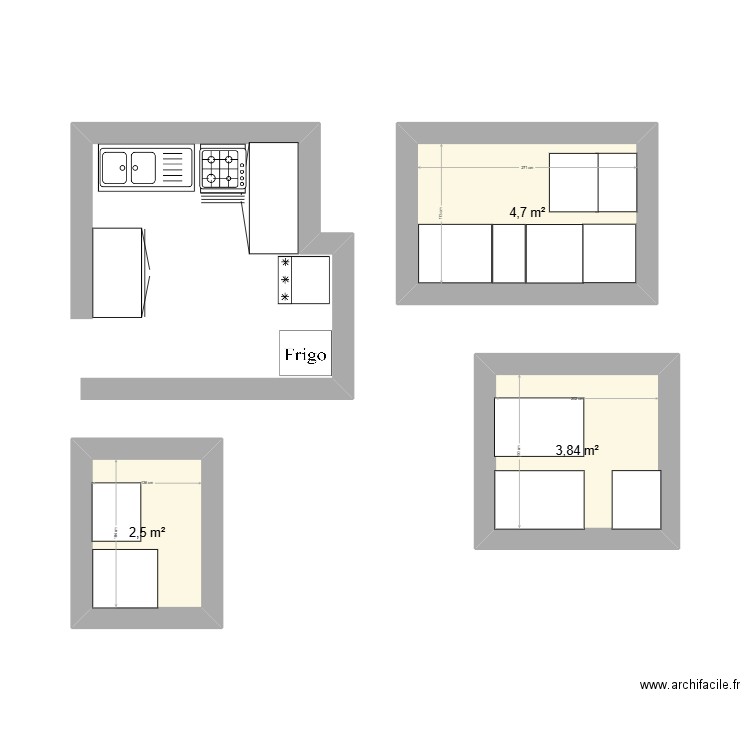 cuisine amenagée grand village. Plan de 3 pièces et 11 m2