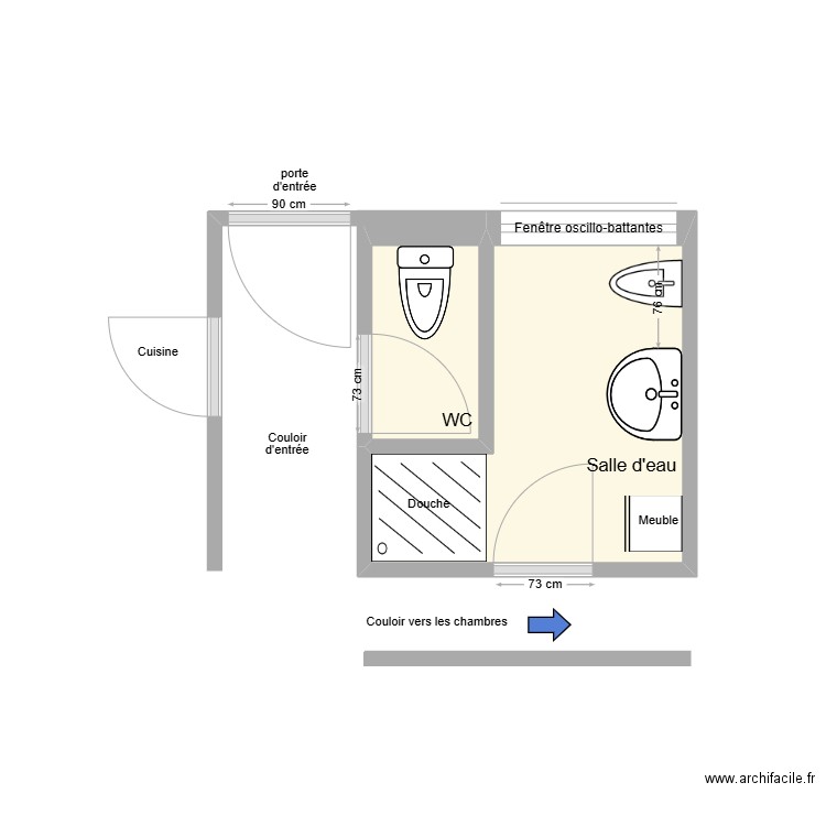 Salle d'eau BER existant. Plan de 2 pièces et 5 m2