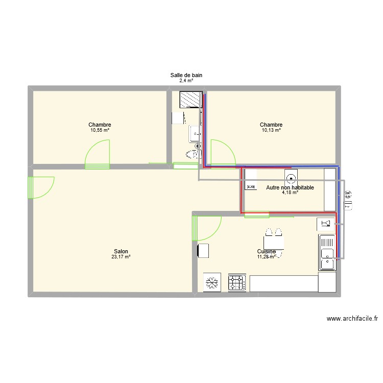 Vrai TPVC. Plan de 6 pièces et 62 m2