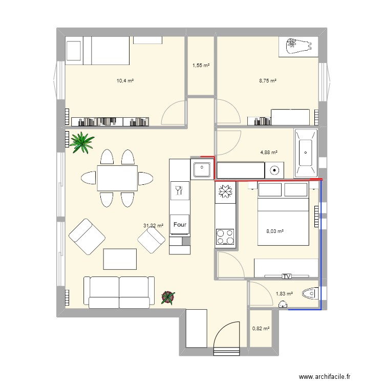 Version archi cuisine U. Plan de 8 pièces et 67 m2