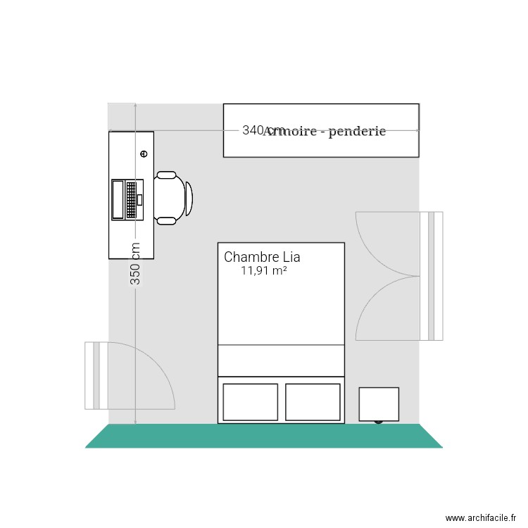 Chambre lia v2. Plan de 1 pièce et 12 m2