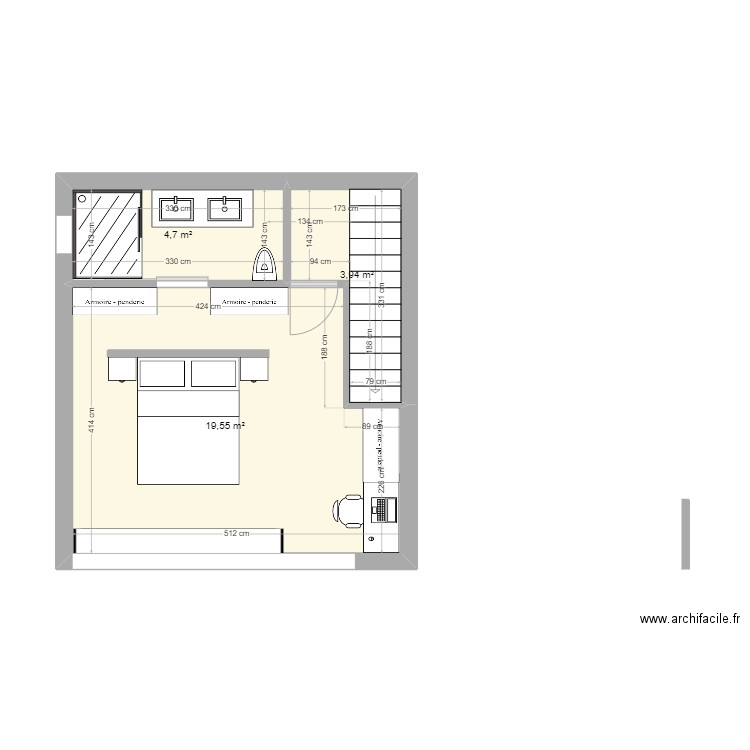 Etage maison. Plan de 3 pièces et 28 m2