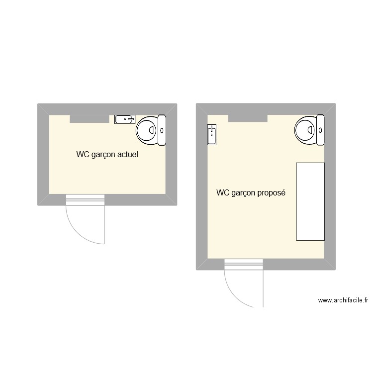 WC garçon. Plan de 2 pièces et 14 m2