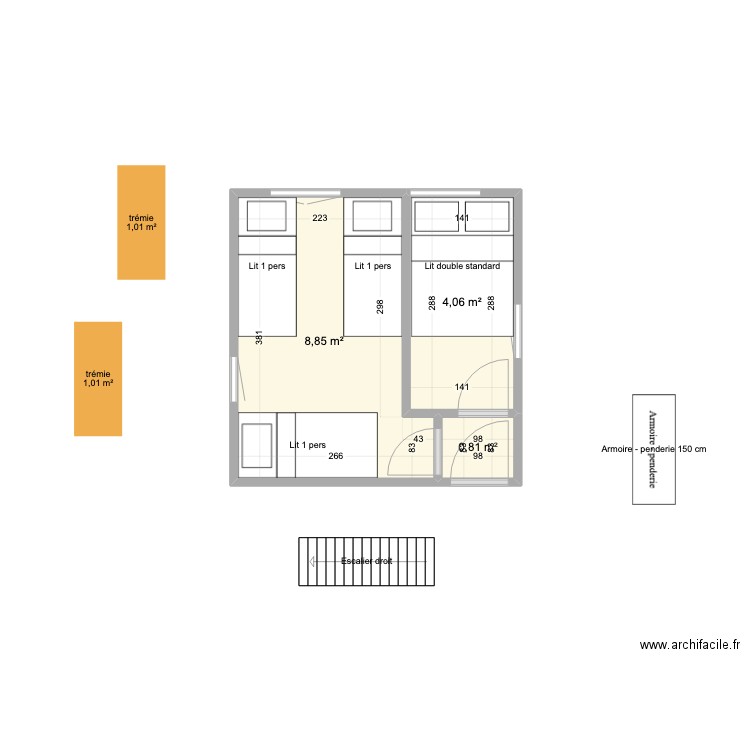 Coat M chambres. Plan de 3 pièces et 14 m2