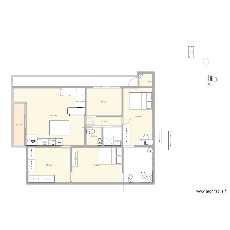 T3 vers RP 7. Plan de 9 pièces et 72 m2