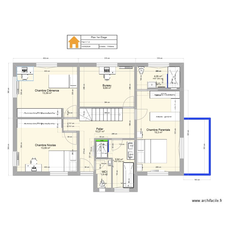 P1-Etage1-v2. Plan de 8 pièces et 74 m2