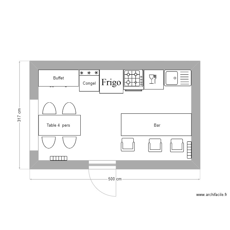 cuisine. Plan de 1 pièce et 12 m2