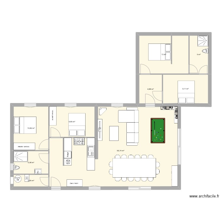 plan 3 : rdc ossature bois. Plan de 9 pièces et 120 m2