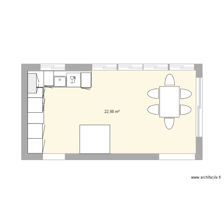 cuisine. Plan de 1 pièce et 23 m2