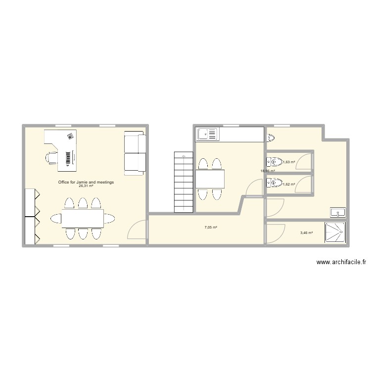 Wc / Office / Mess version 2. Plan de 6 pièces et 59 m2